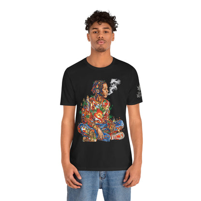 High Roller Meditation Mosaic Cannabis T-Shirt - Premium 420 Hip-Hop Zen Cross-Legged Street Culture Artistic Collage Apparel