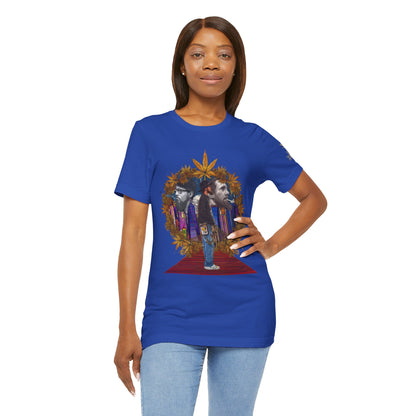 Red Carpet Royalty Premium Cannabis Culture T-Shirt - Hip-Hop Legends Tribute With Golden Cannabis Wreath And City Skyline