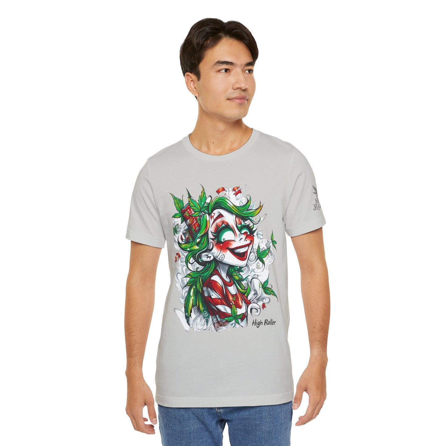 High Roller Jester Queen Cannabis T-Shirt - Premium 420 Harlequin Beauty Holiday Celebration Apparel