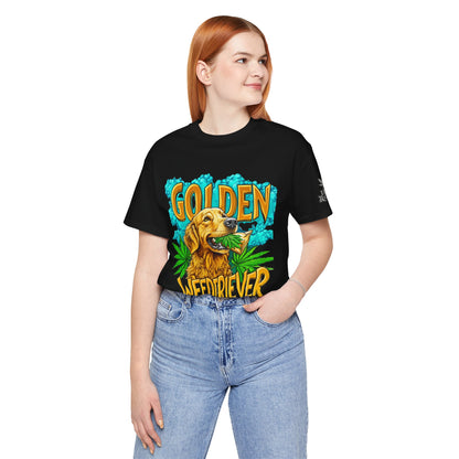 High Roller Golden Weedtriever Cannabis T-Shirt - Premium 420 Dog Lover Humor Golden Retriever Pun Comedy Pet Culture Apparel