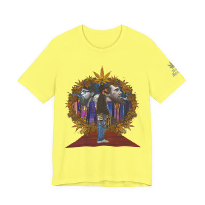 Red Carpet Royalty Premium Cannabis Culture T-Shirt - Hip-Hop Legends Tribute With Golden Cannabis Wreath And City Skyline