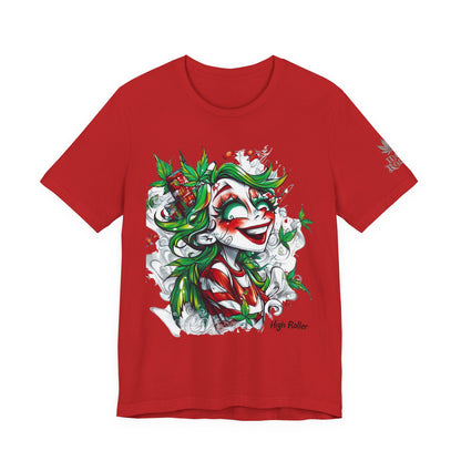 High Roller Jester Queen Cannabis T-Shirt - Premium 420 Harlequin Beauty Holiday Celebration Apparel