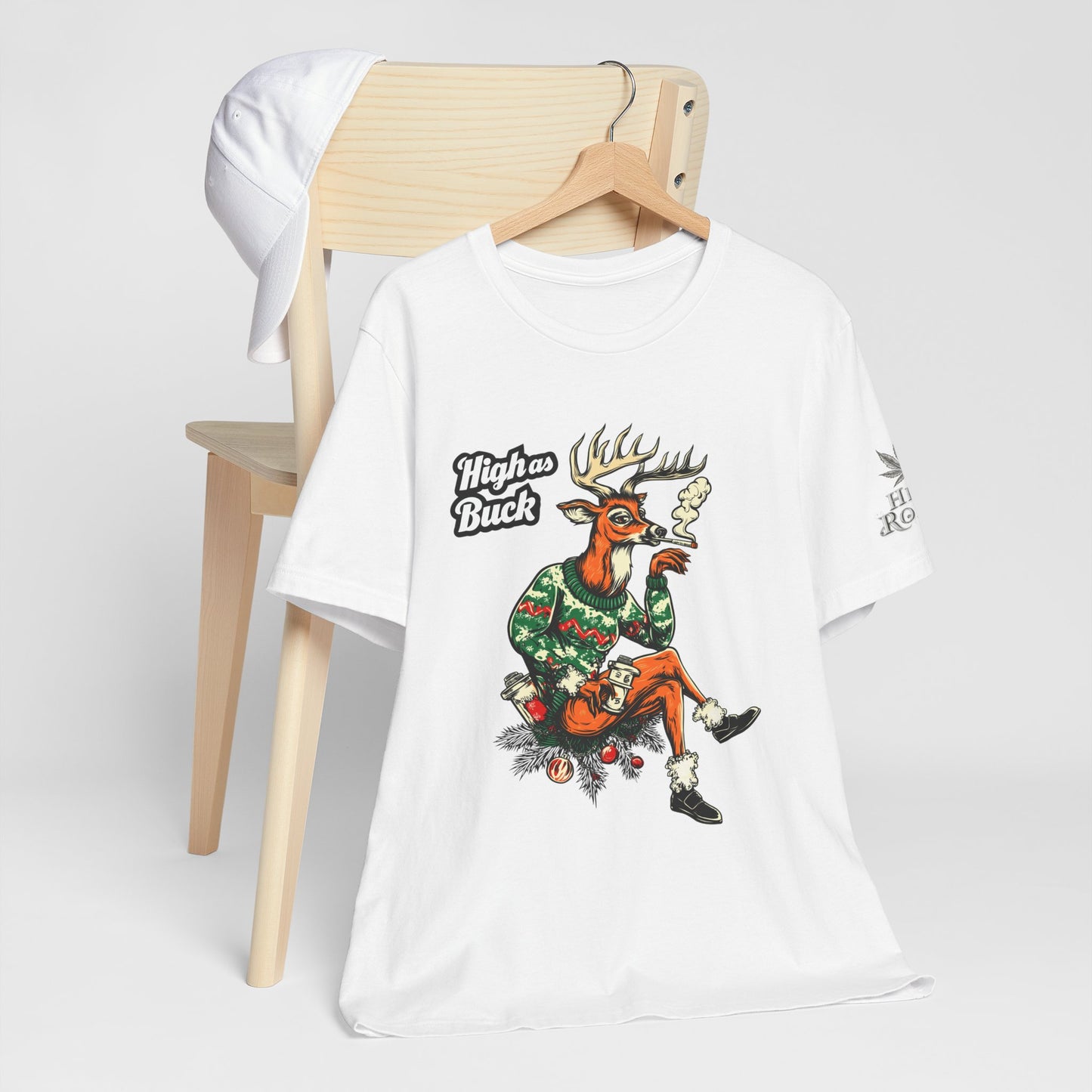 High as Buck T-Shirt - Premium Airlume Cotton Cannabis Christmas Deer Holiday Tee