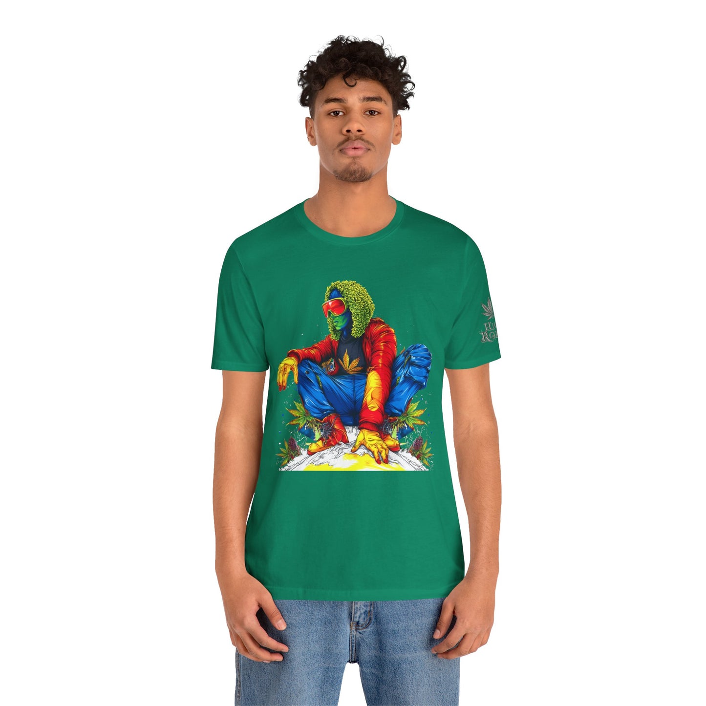 Psychedelic Chill Premium Cannabis Culture T-Shirt - Vibrant Street Art With Rainbow Color Explosion And Meditative Pose