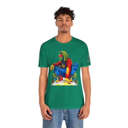 Psychedelic Chill Premium Cannabis Culture T-Shirt - Vibrant Street Art With Rainbow Color Explosion And Meditative Pose