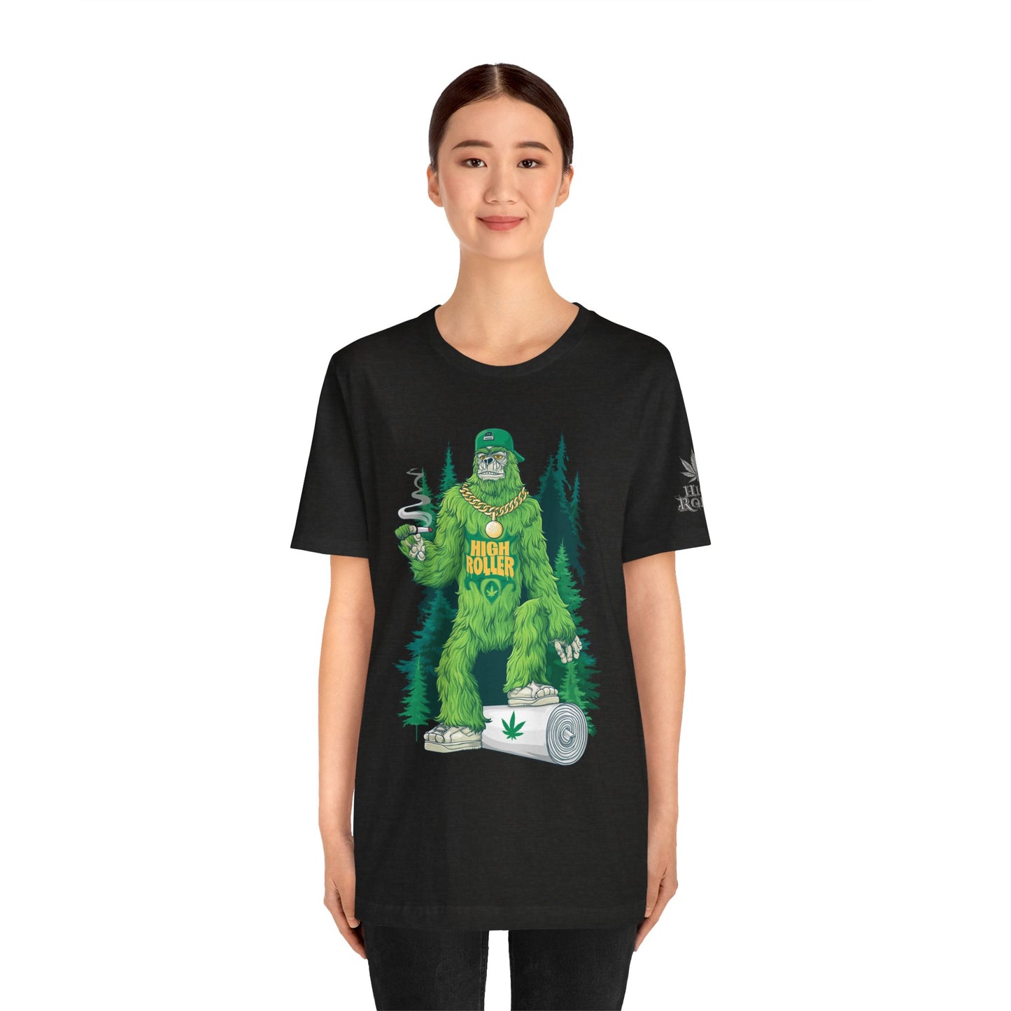 Bigfoot HIGH ROLLER Halloween Cannabis Forest T-Shirt - Premium Sasquatch Lifestyle Legend 420 Apparel
