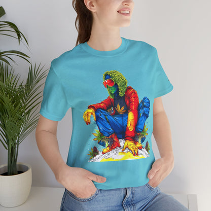 Psychedelic Chill Premium Cannabis Culture T-Shirt - Vibrant Street Art With Rainbow Color Explosion And Meditative Pose