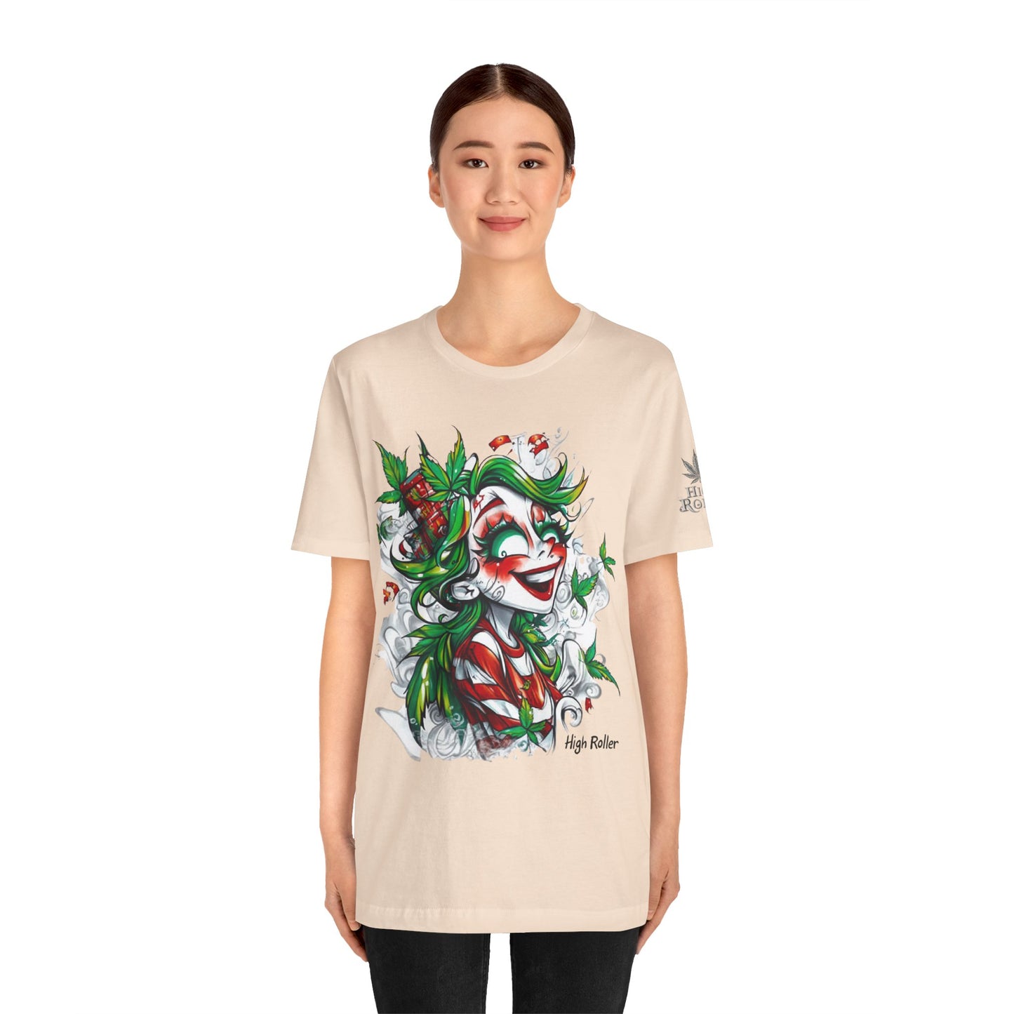 High Roller Jester Queen Cannabis T-Shirt - Premium 420 Harlequin Beauty Holiday Celebration Apparel