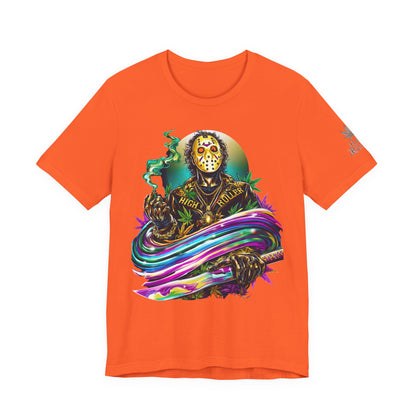 Psychedelic Jason Swoosh Cannabis T-Shirt - Premium Horror 420 Orange Edition Apparel