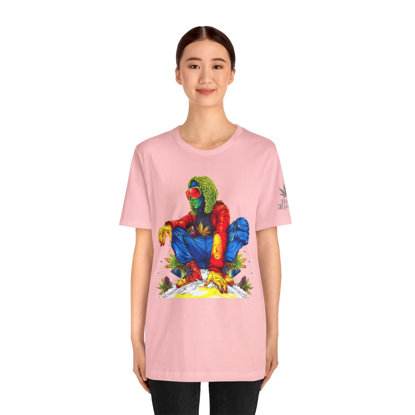 Psychedelic Chill Premium Cannabis Culture T-Shirt - Vibrant Street Art With Rainbow Color Explosion And Meditative Pose