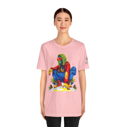 Psychedelic Chill Premium Cannabis Culture T-Shirt - Vibrant Street Art With Rainbow Color Explosion And Meditative Pose
