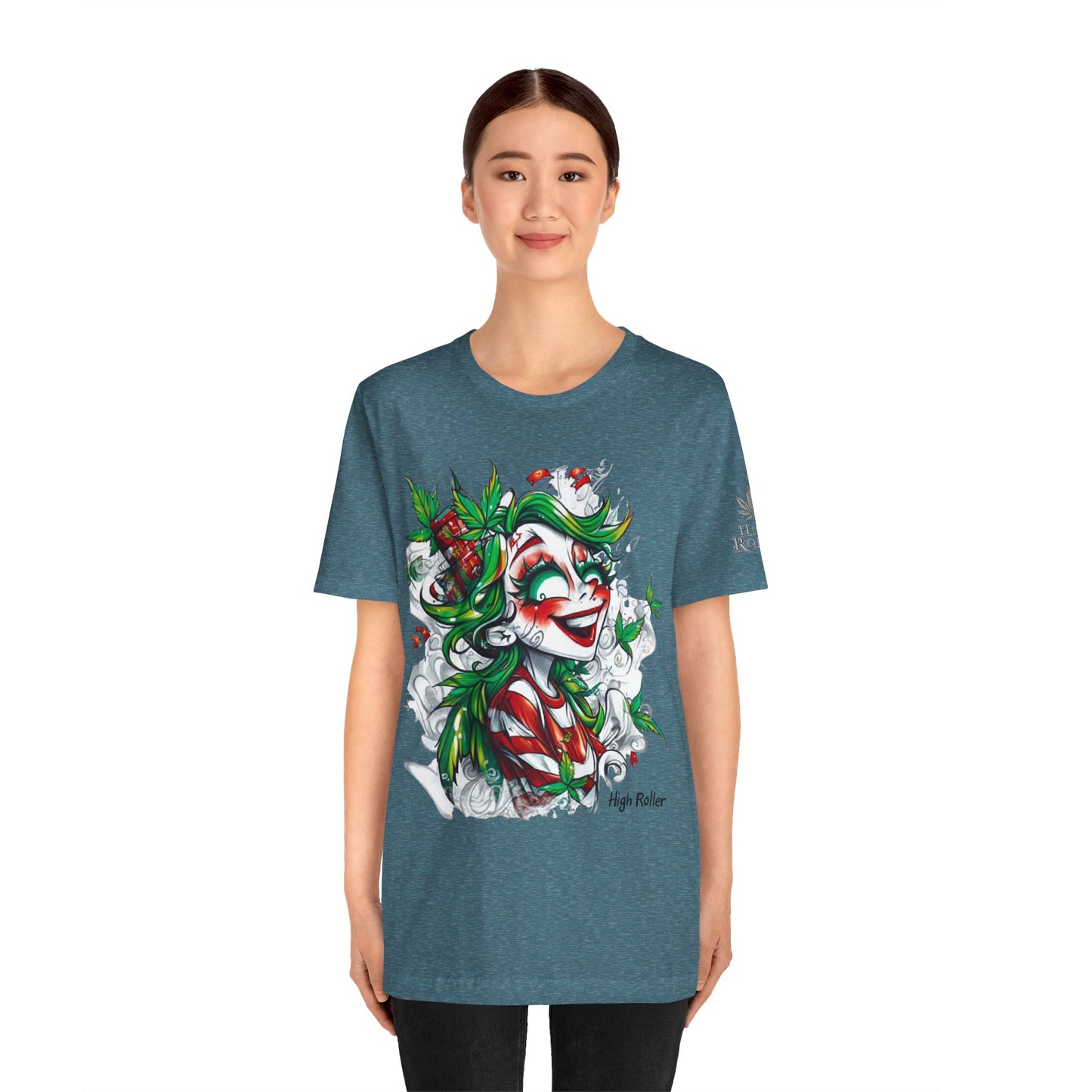 High Roller Jester Queen Cannabis T-Shirt - Premium 420 Harlequin Beauty Holiday Celebration Apparel
