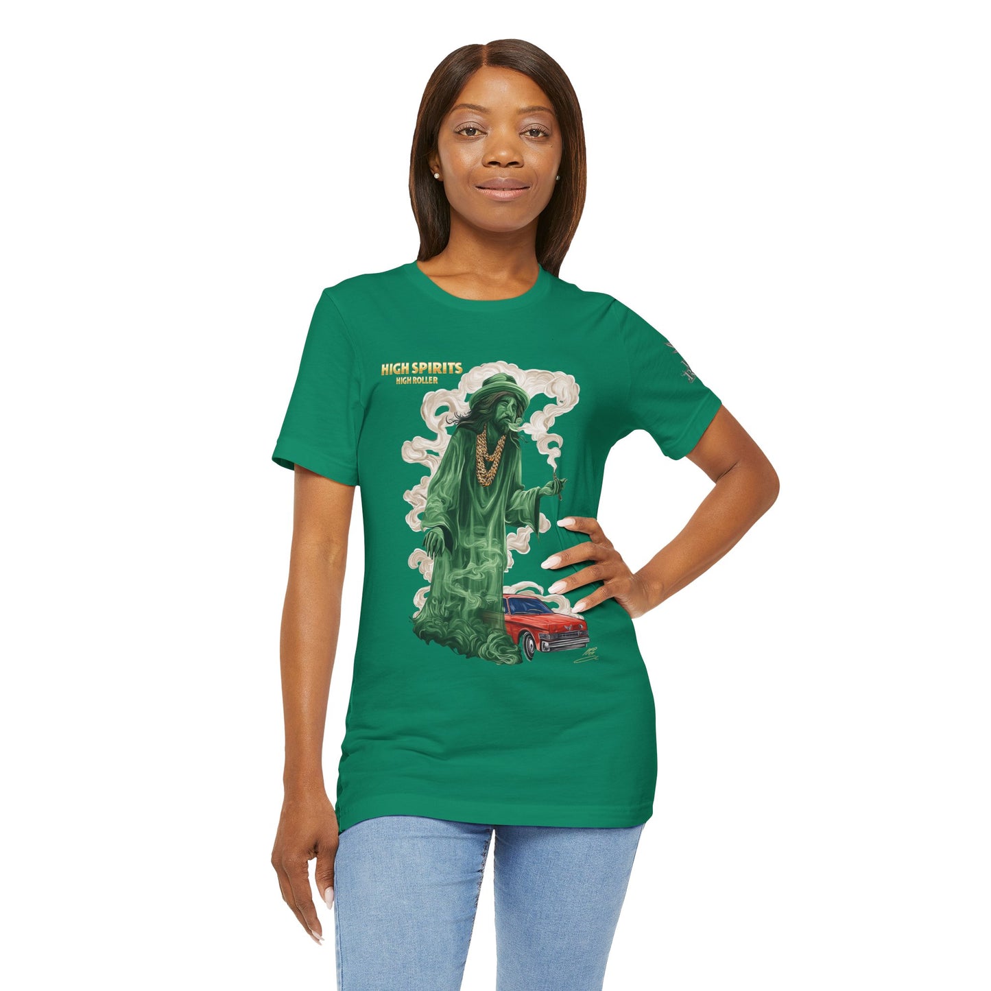 High Spirits HIGH ROLLER Halloween Cannabis Ghost T-Shirt - Premium Spectral Lowrider Phantom 420 Apparel