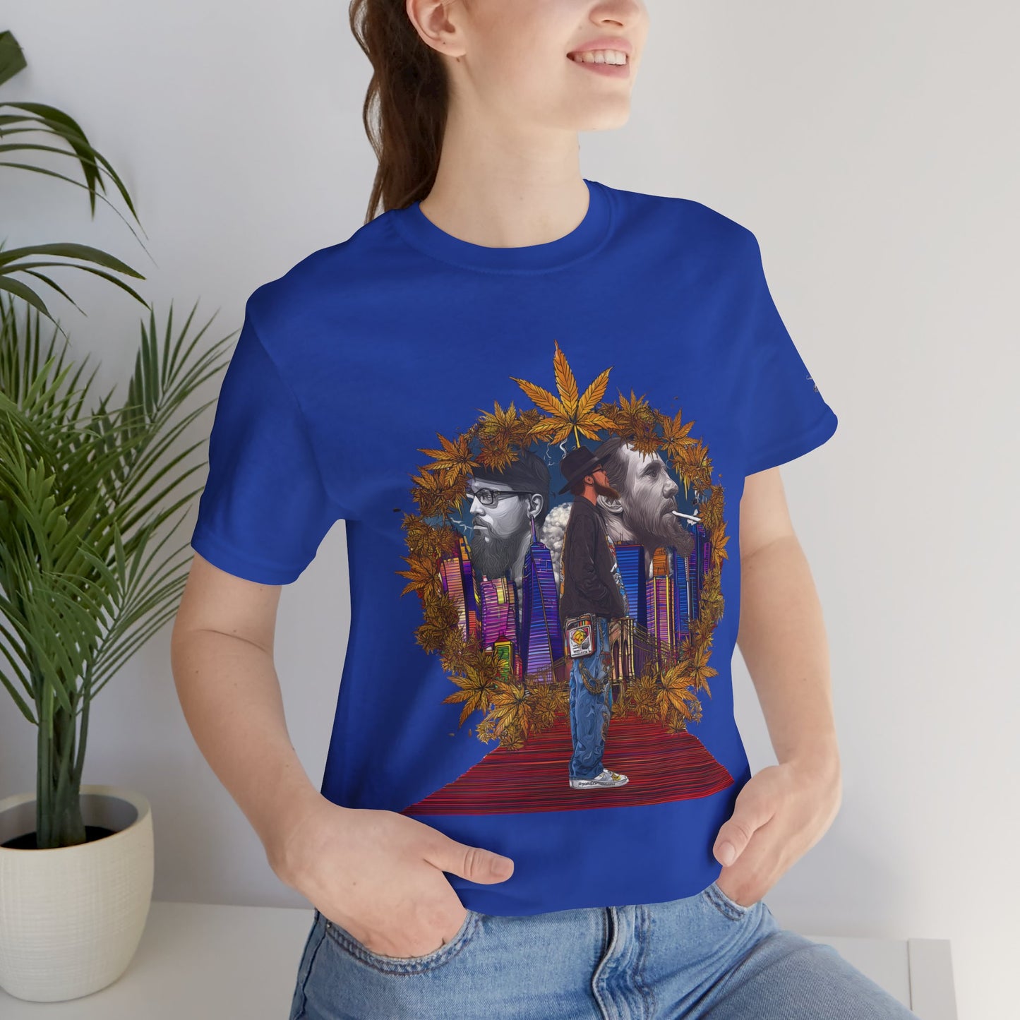 Red Carpet Royalty Premium Cannabis Culture T-Shirt - Hip-Hop Legends Tribute With Golden Cannabis Wreath And City Skyline