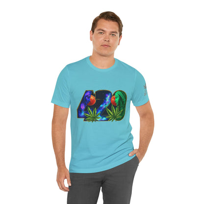 420 Cosmic Connection Premium Cannabis Culture T-Shirt - Bold Typography With Celestial Profiles And Luminous Cannabis Leaf Design