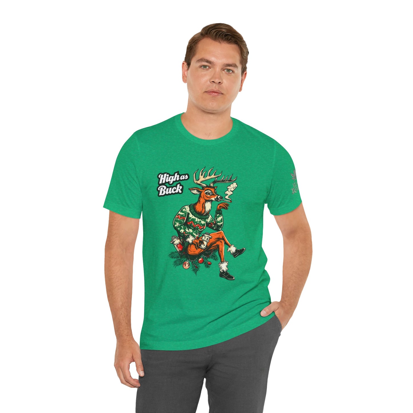 High as Buck T-Shirt - Premium Airlume Cotton Cannabis Christmas Deer Holiday Tee