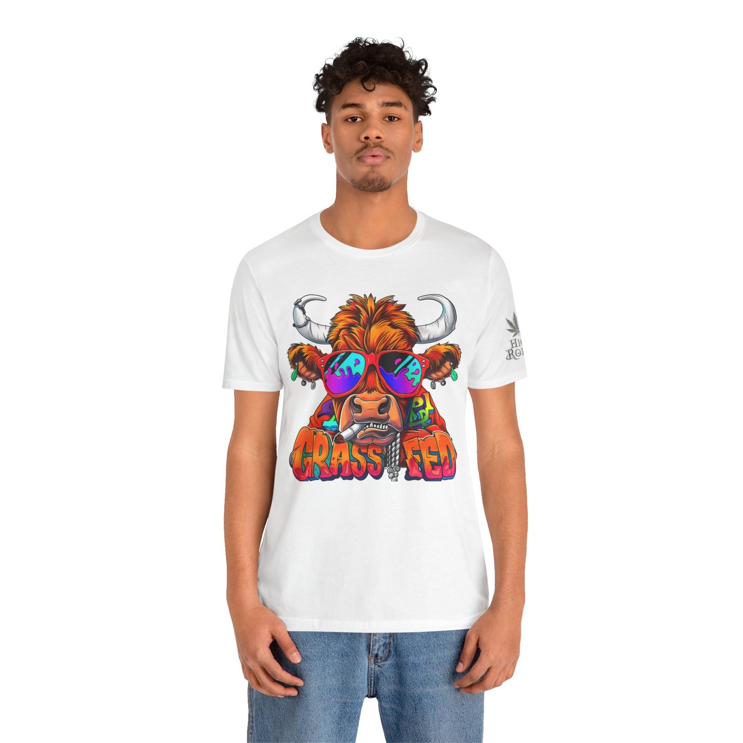 High Roller Grass Fed Cannabis T-Shirt - Premium 420 Highland Cow Humor Psychedelic Sunglasses Farm Culture Comedy Apparel