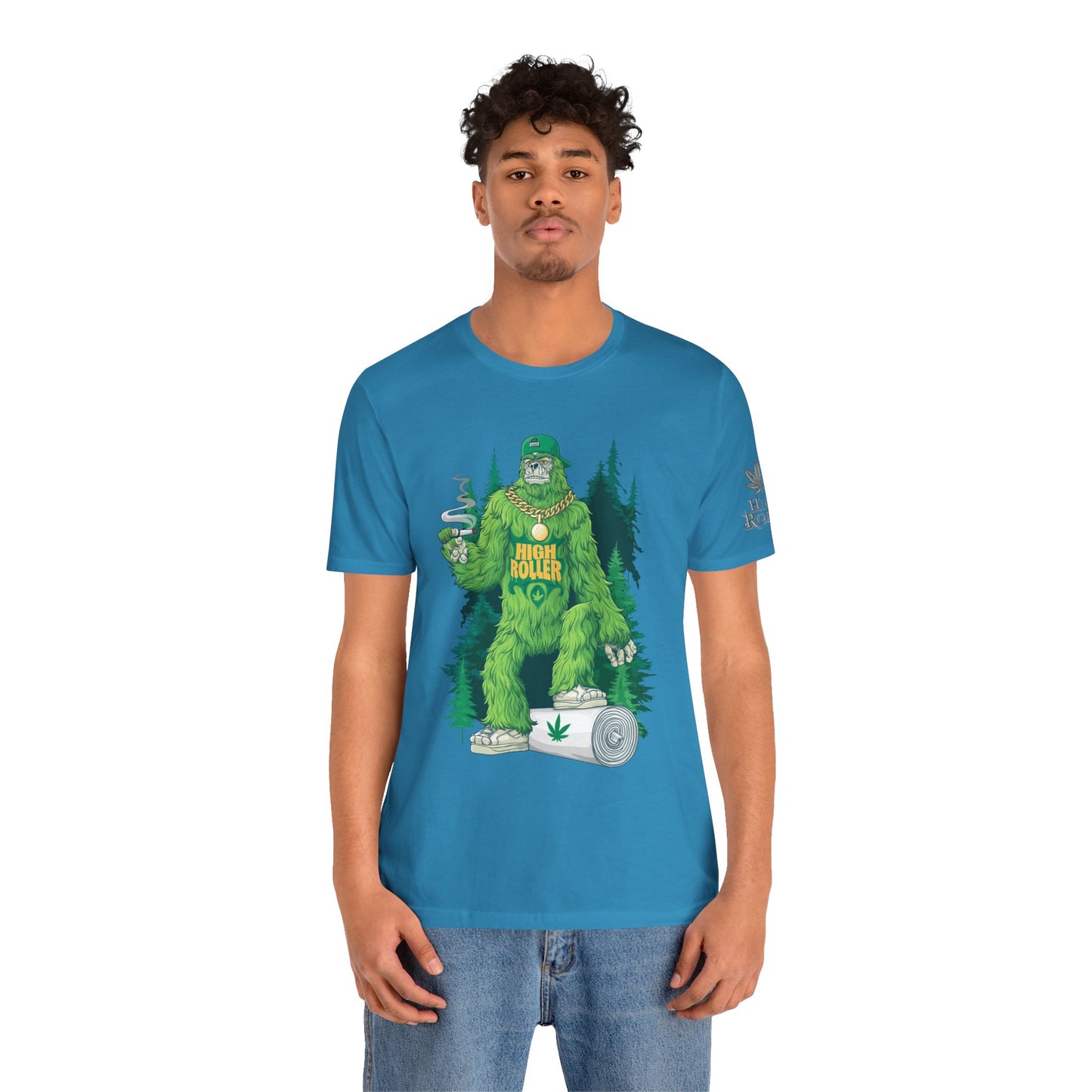 Bigfoot HIGH ROLLER Halloween Cannabis Forest T-Shirt - Premium Sasquatch Lifestyle Legend 420 Apparel