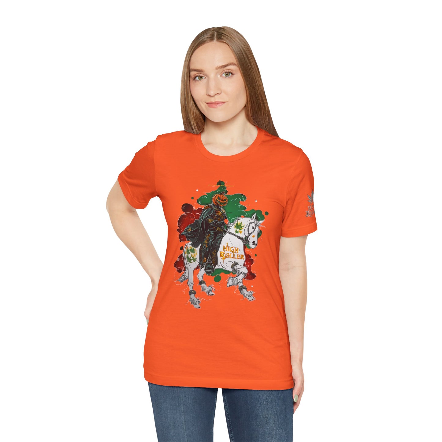 Headless Horseman HIGH ROLLER Halloween Cannabis T-Shirt - Premium Pumpkin Rider Skeletal Steed 420 Apparel