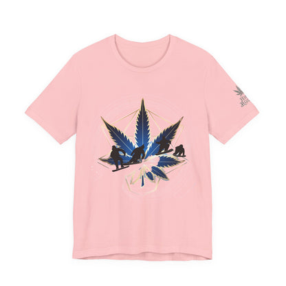 Sacred Geometry Snowboard Premium Cannabis Culture T-Shirt - Emerald Green Tee With Action Sports And Crystalline Cannabis Geometric Mandala