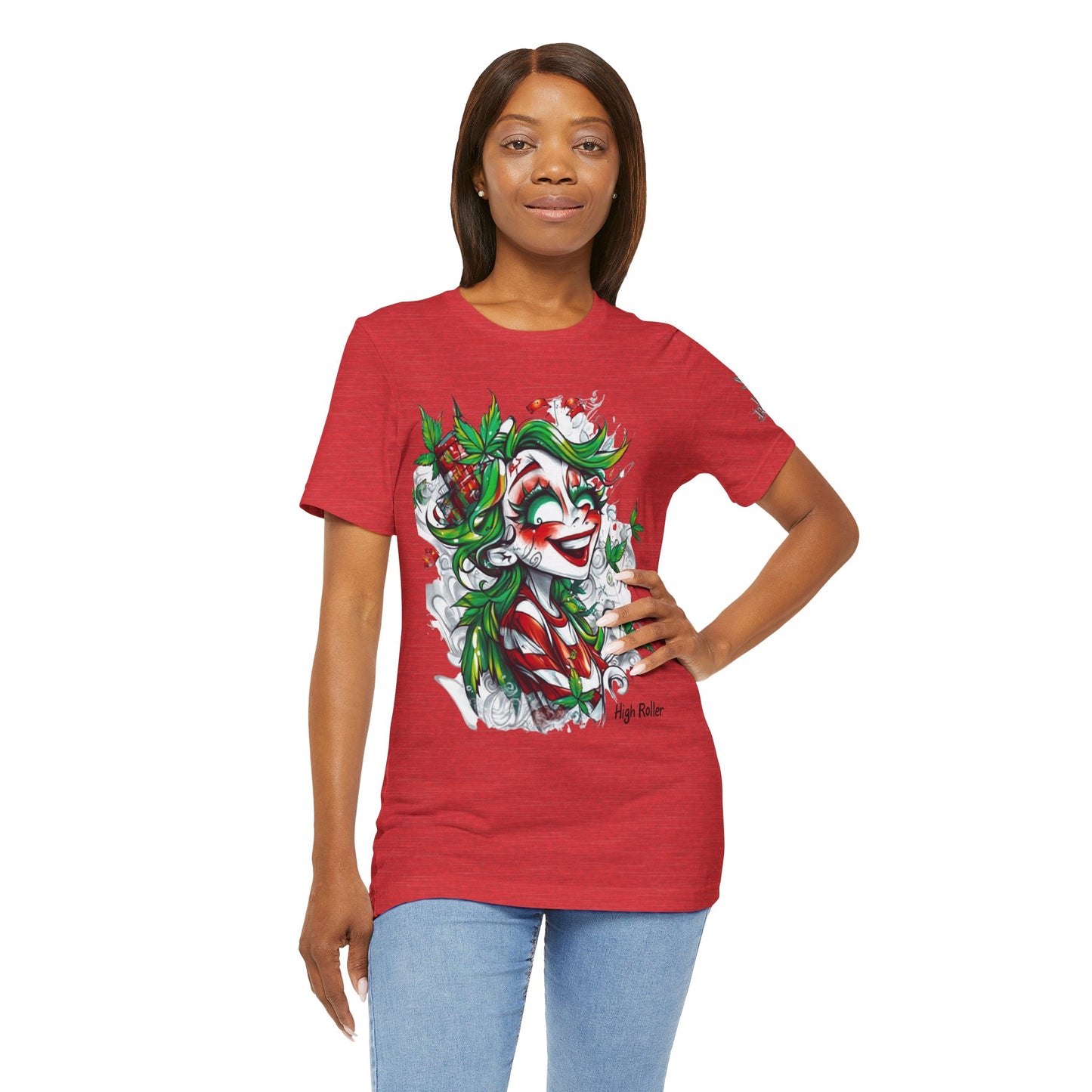 High Roller Jester Queen Cannabis T-Shirt - Premium 420 Harlequin Beauty Holiday Celebration Apparel