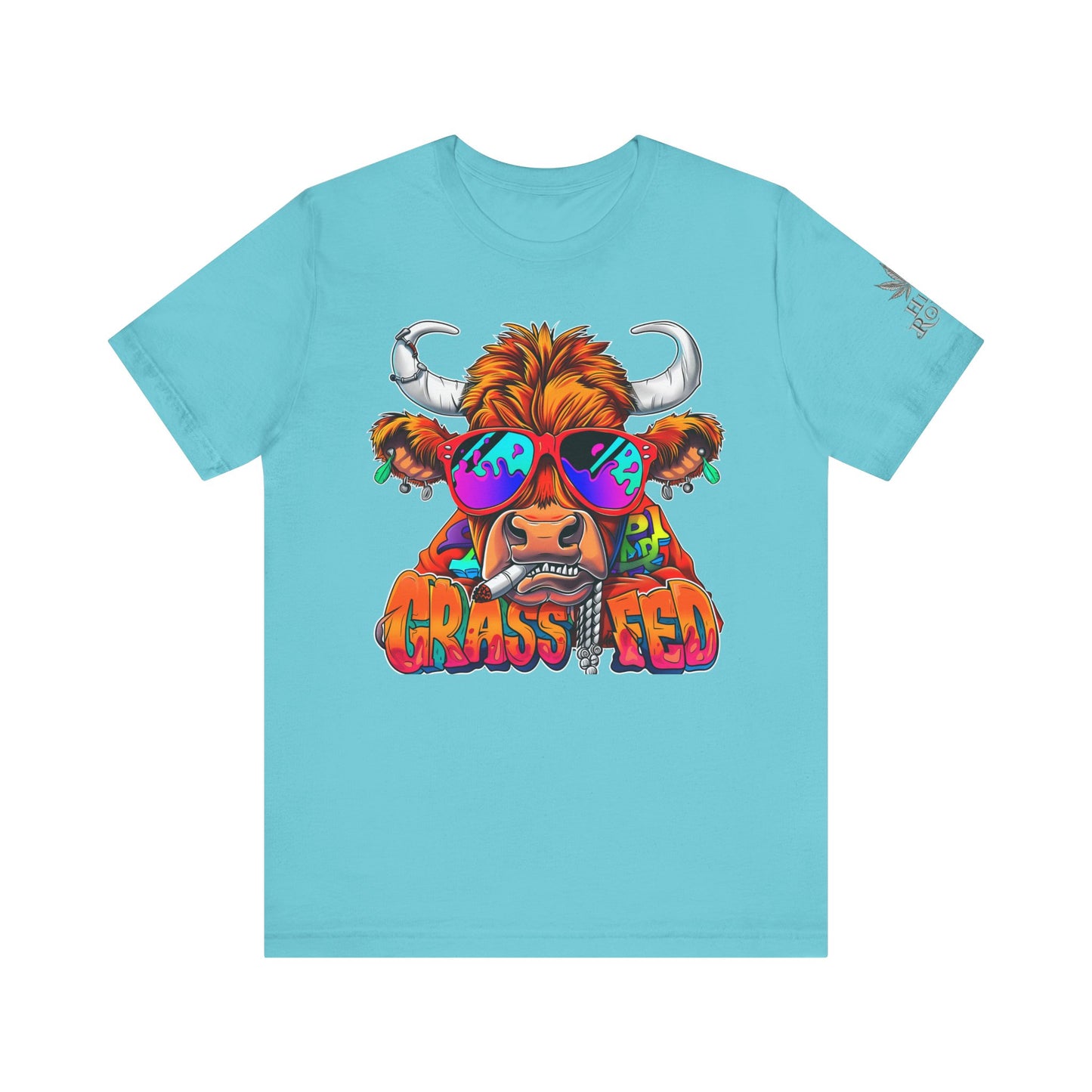 High Roller Grass Fed Cannabis T-Shirt - Premium 420 Highland Cow Humor Psychedelic Sunglasses Farm Culture Comedy Apparel
