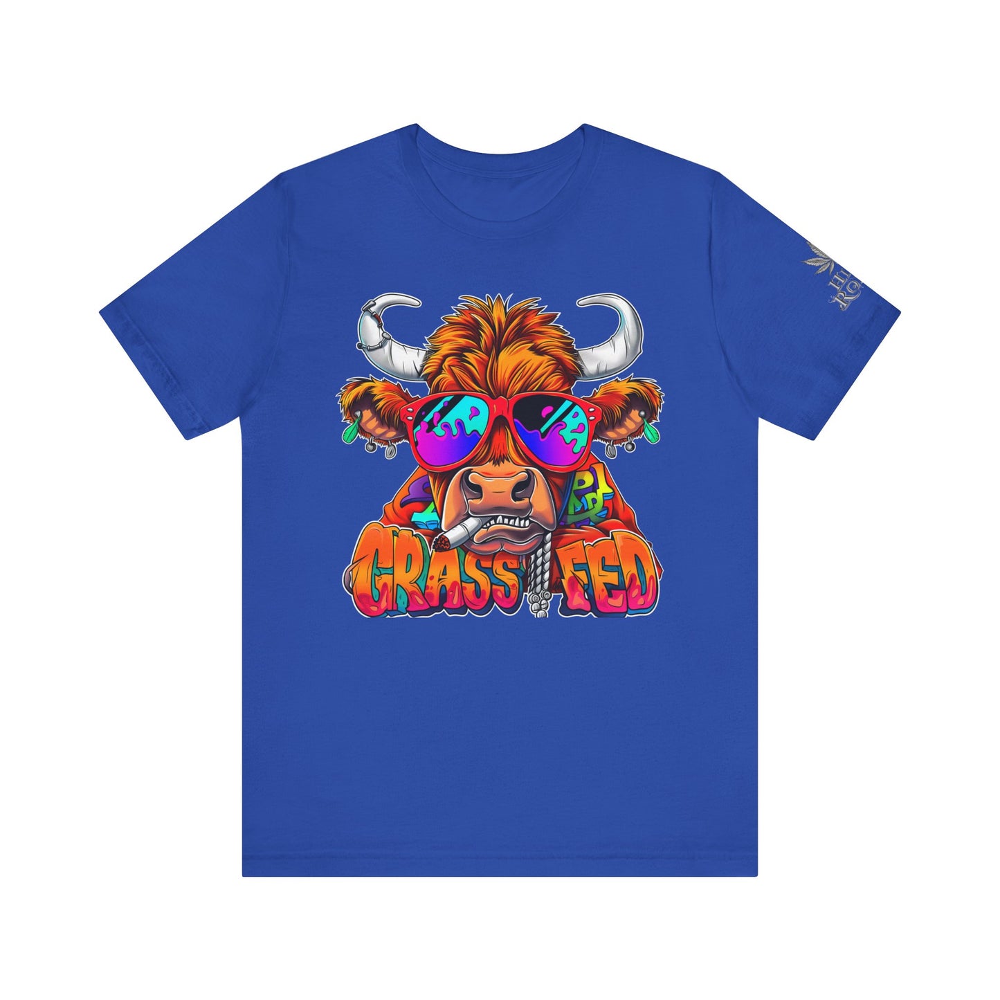 High Roller Grass Fed Cannabis T-Shirt - Premium 420 Highland Cow Humor Psychedelic Sunglasses Farm Culture Comedy Apparel