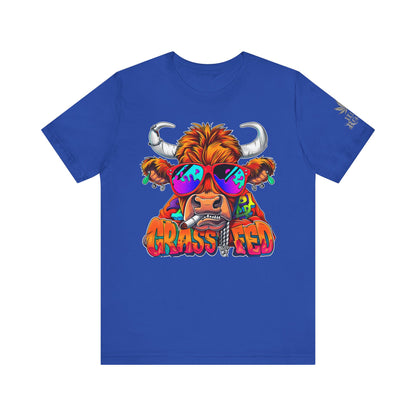 High Roller Grass Fed Cannabis T-Shirt - Premium 420 Highland Cow Humor Psychedelic Sunglasses Farm Culture Comedy Apparel