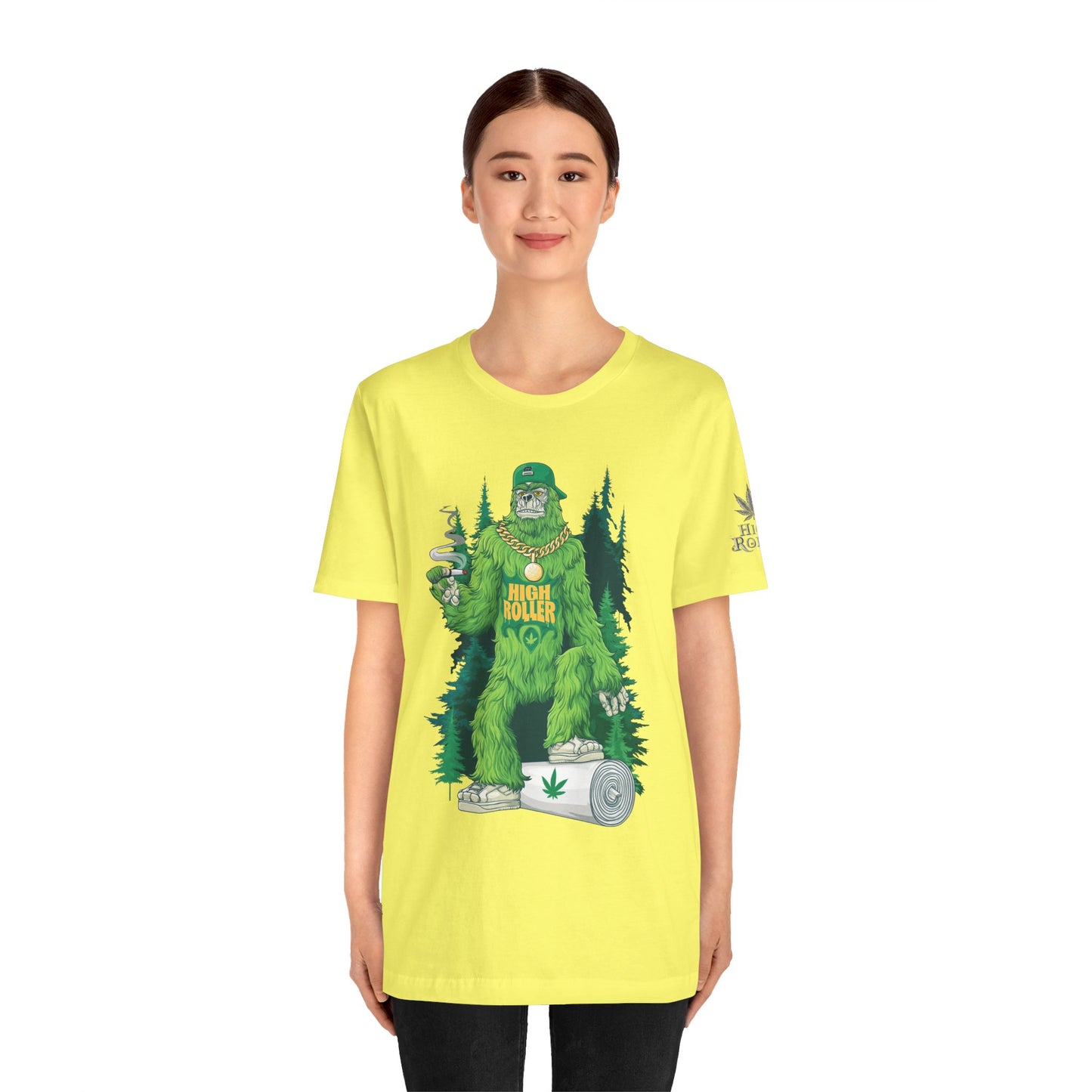 Bigfoot HIGH ROLLER Halloween Cannabis Forest T-Shirt - Premium Sasquatch Lifestyle Legend 420 Apparel