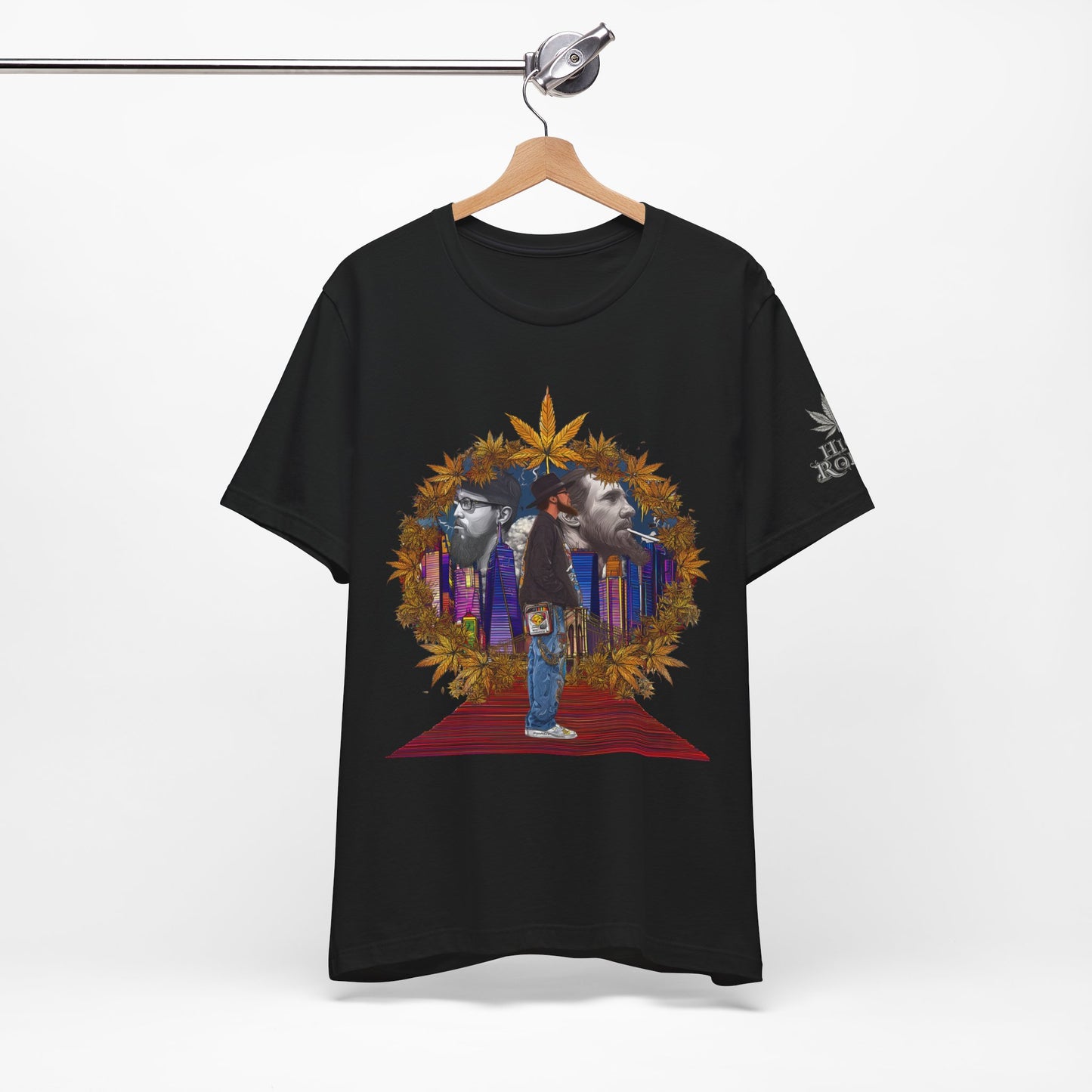 Red Carpet Royalty Premium Cannabis Culture T-Shirt - Hip-Hop Legends Tribute With Golden Cannabis Wreath And City Skyline