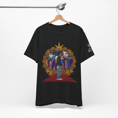 Red Carpet Royalty Premium Cannabis Culture T-Shirt - Hip-Hop Legends Tribute With Golden Cannabis Wreath And City Skyline