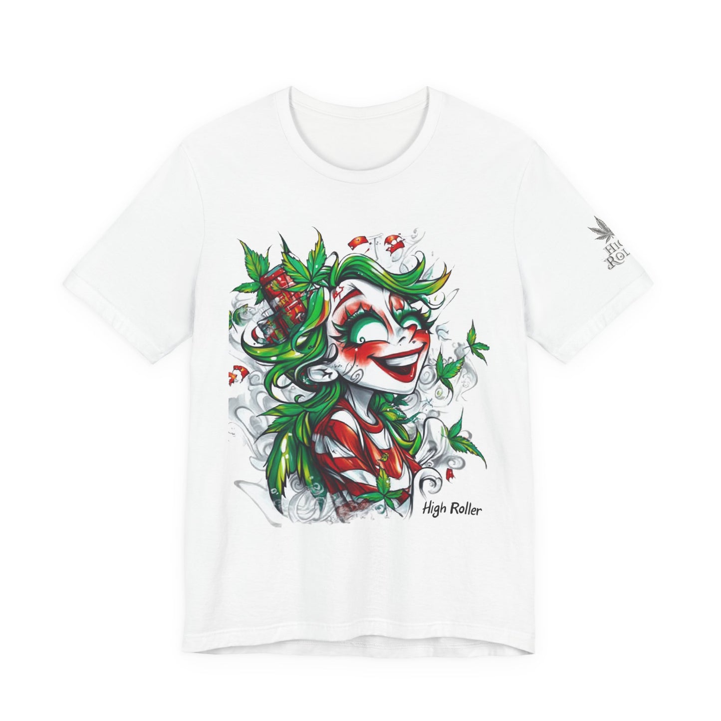 High Roller Jester Queen Cannabis T-Shirt - Premium 420 Harlequin Beauty Holiday Celebration Apparel