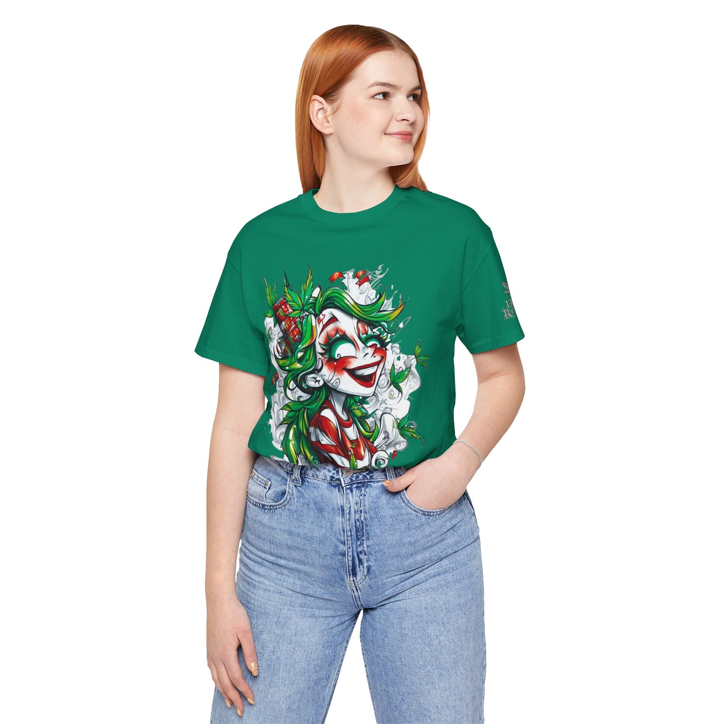 High Roller Jester Queen Cannabis T-Shirt - Premium 420 Harlequin Beauty Holiday Celebration Apparel