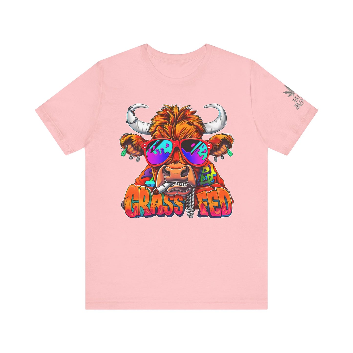 High Roller Grass Fed Cannabis T-Shirt - Premium 420 Highland Cow Humor Psychedelic Sunglasses Farm Culture Comedy Apparel