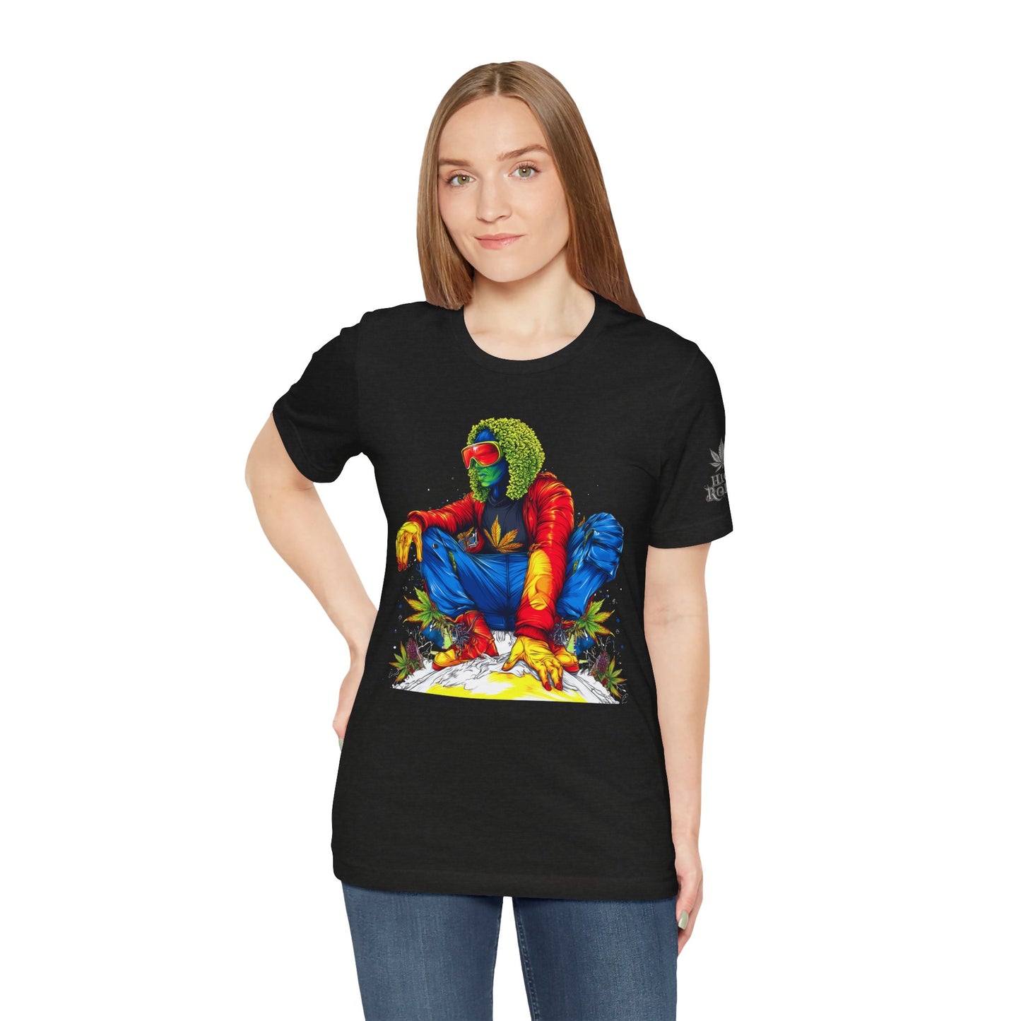 Psychedelic Chill Premium Cannabis Culture T-Shirt - Vibrant Street Art With Rainbow Color Explosion And Meditative Pose