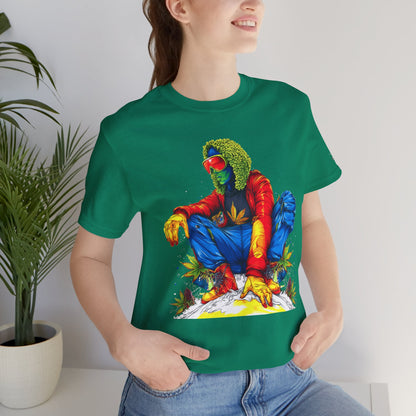 Psychedelic Chill Premium Cannabis Culture T-Shirt - Vibrant Street Art With Rainbow Color Explosion And Meditative Pose