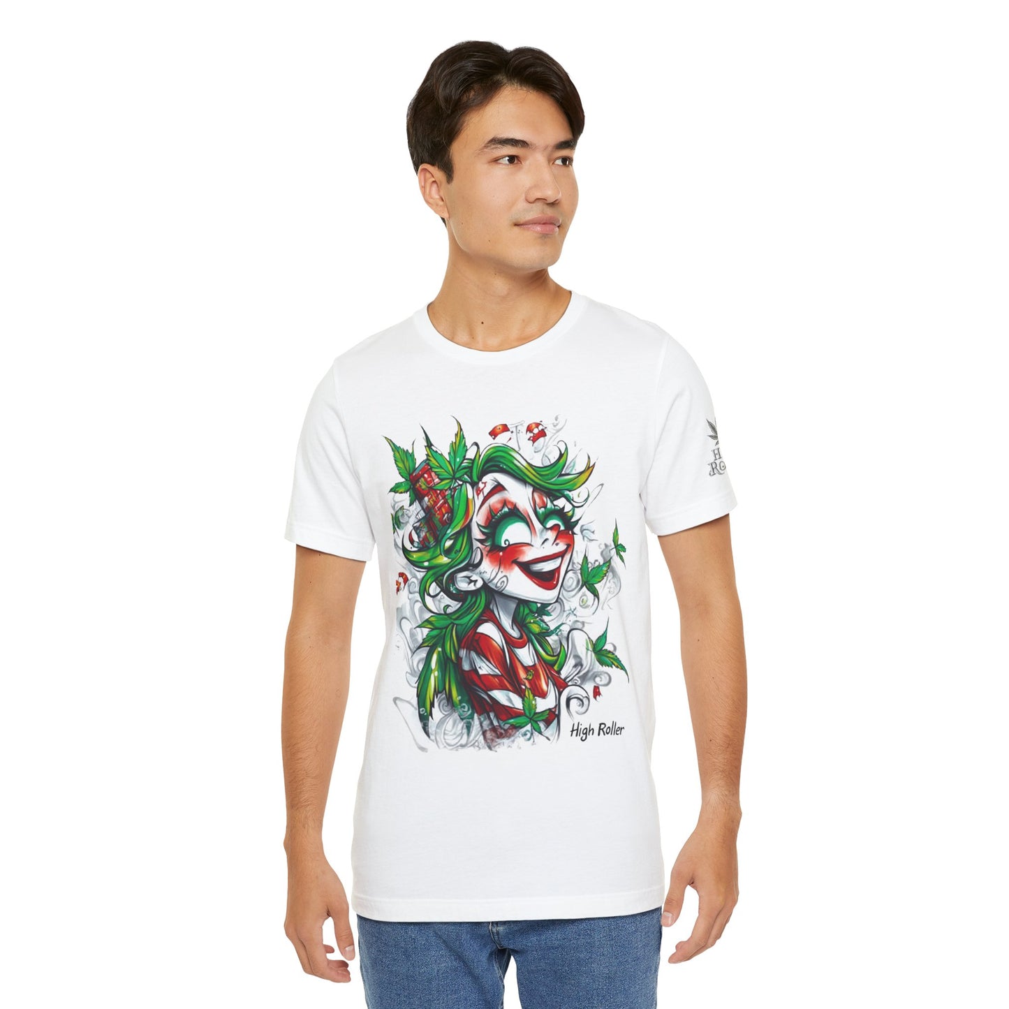 High Roller Jester Queen Cannabis T-Shirt - Premium 420 Harlequin Beauty Holiday Celebration Apparel