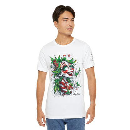 High Roller Jester Queen Cannabis T-Shirt - Premium 420 Harlequin Beauty Holiday Celebration Apparel