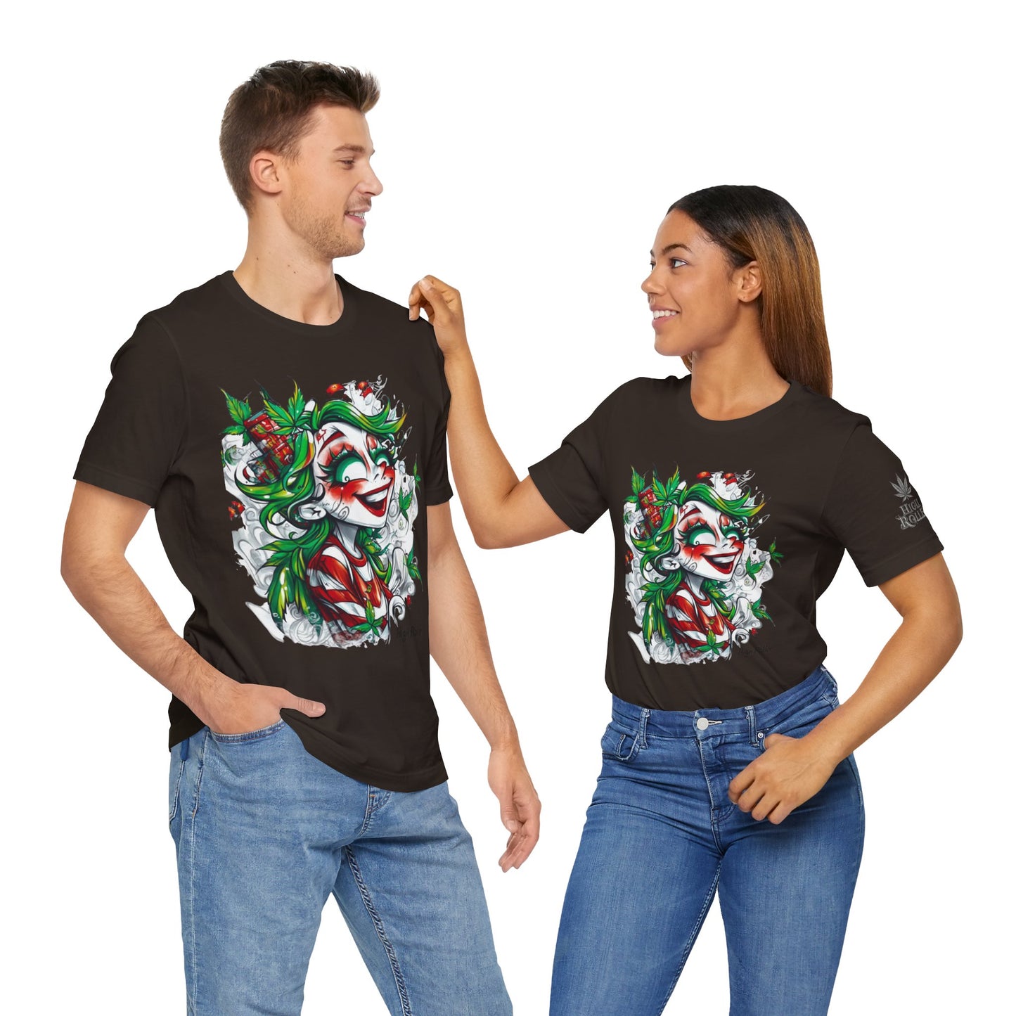 High Roller Jester Queen Cannabis T-Shirt - Premium 420 Harlequin Beauty Holiday Celebration Apparel