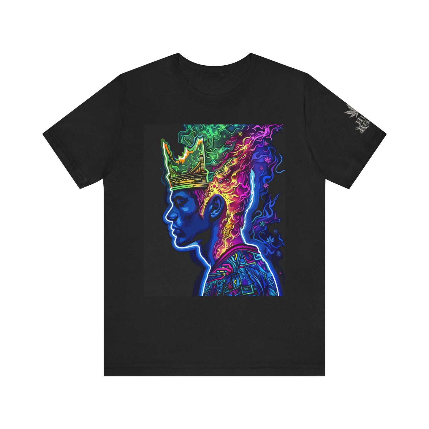 Crown Of Consciousness Premium Cannabis Culture Black T-Shirt - Neon Psychedelic Queen With Rainbow Smoke Crown And Urban Fashion Elements