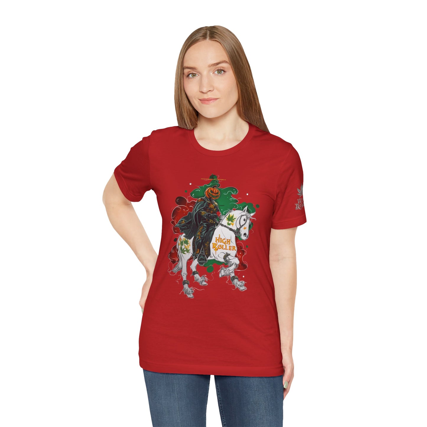 Headless Horseman HIGH ROLLER Halloween Cannabis T-Shirt - Premium Pumpkin Rider Skeletal Steed 420 Apparel