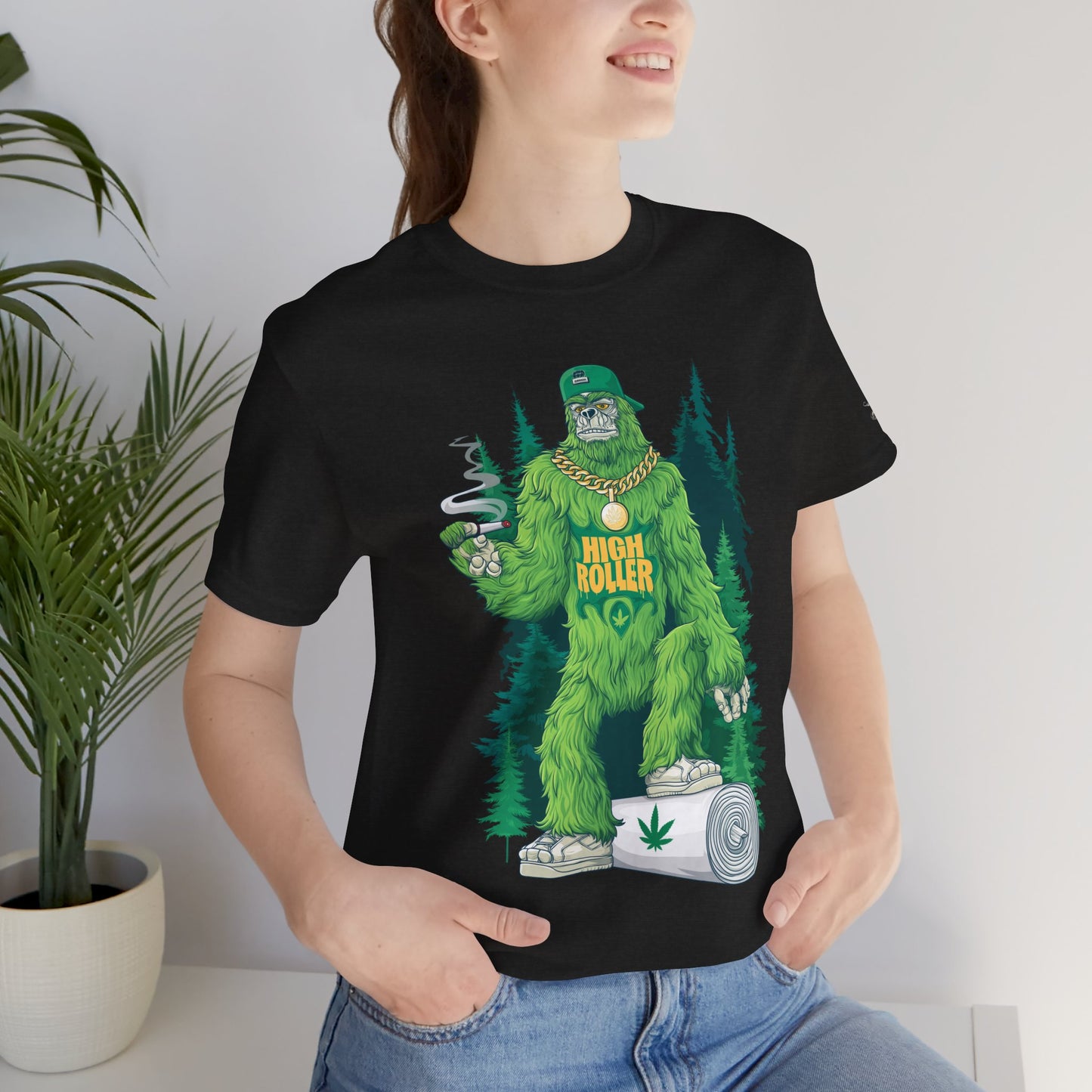 Bigfoot HIGH ROLLER Halloween Cannabis Forest T-Shirt - Premium Sasquatch Lifestyle Legend 420 Apparel