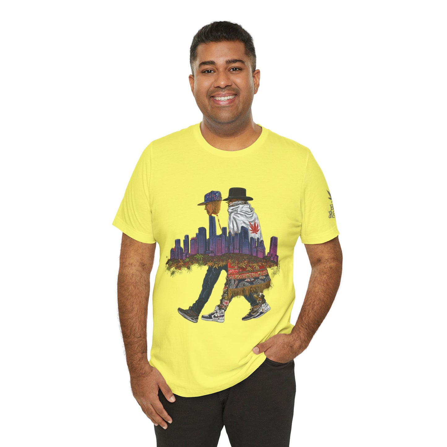 High Roller Urban Legends Cannabis T-Shirt - Premium 420 City Skyline Street Culture Double Exposure Apparel