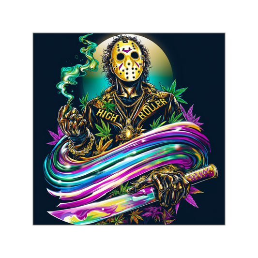 Psychedelic Jason HIGH ROLLER Halloween Cannabis Sticker - Premium Friday 13th Rainbow Machete 420 Vinyl Decal