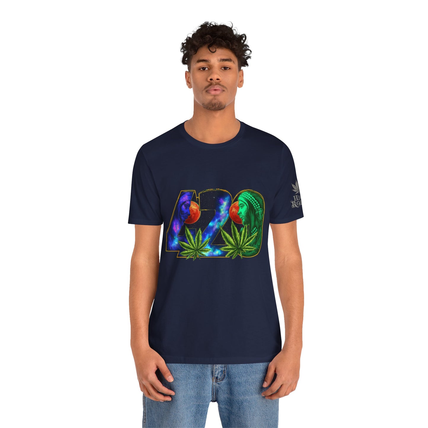 420 Cosmic Connection Premium Cannabis Culture T-Shirt - Bold Typography With Celestial Profiles And Luminous Cannabis Leaf Design