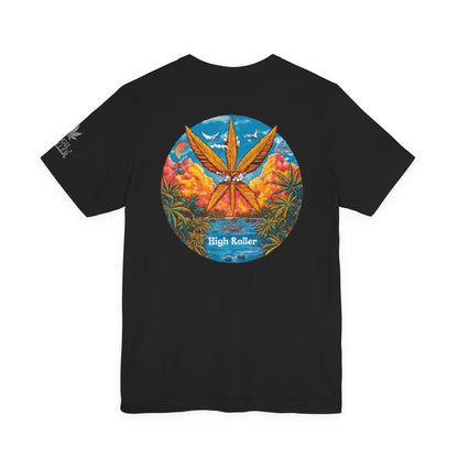 Cannabis Paradise Circle Tee - Tropical Sunset Art Design | High Roller