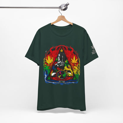 High Roller Sacred Buddha Cannabis T-Shirt - Premium 420 Spiritual Meditation Enlightenment Botanical Artistry Apparel