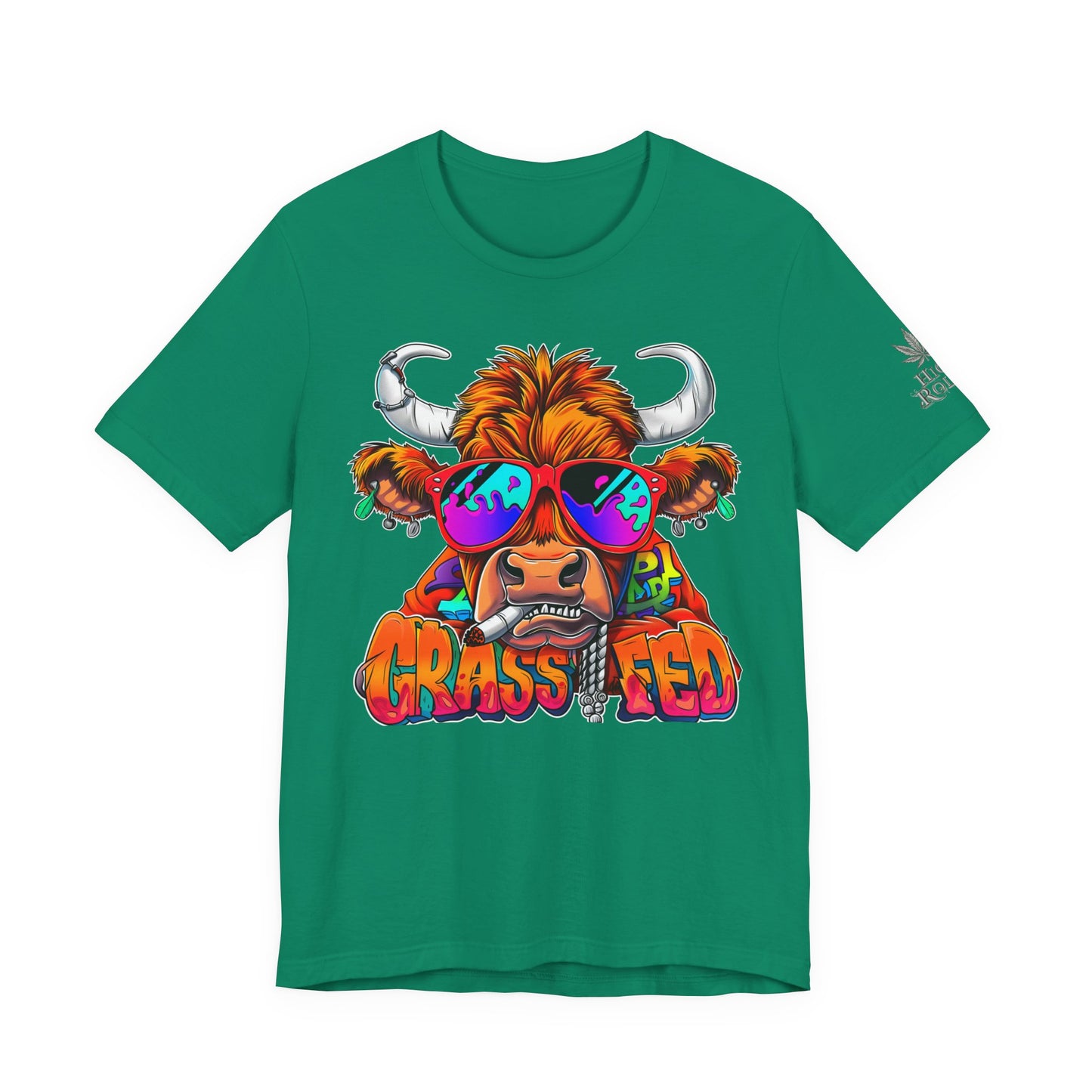 High Roller Grass Fed Cannabis T-Shirt - Premium 420 Highland Cow Humor Psychedelic Sunglasses Farm Culture Comedy Apparel