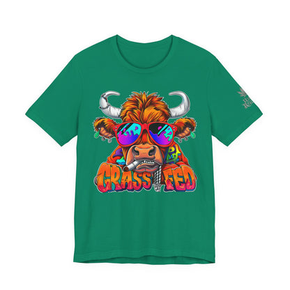 High Roller Grass Fed Cannabis T-Shirt - Premium 420 Highland Cow Humor Psychedelic Sunglasses Farm Culture Comedy Apparel