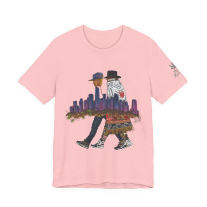 High Roller Urban Legends Cannabis T-Shirt - Premium 420 City Skyline Street Culture Double Exposure Apparel